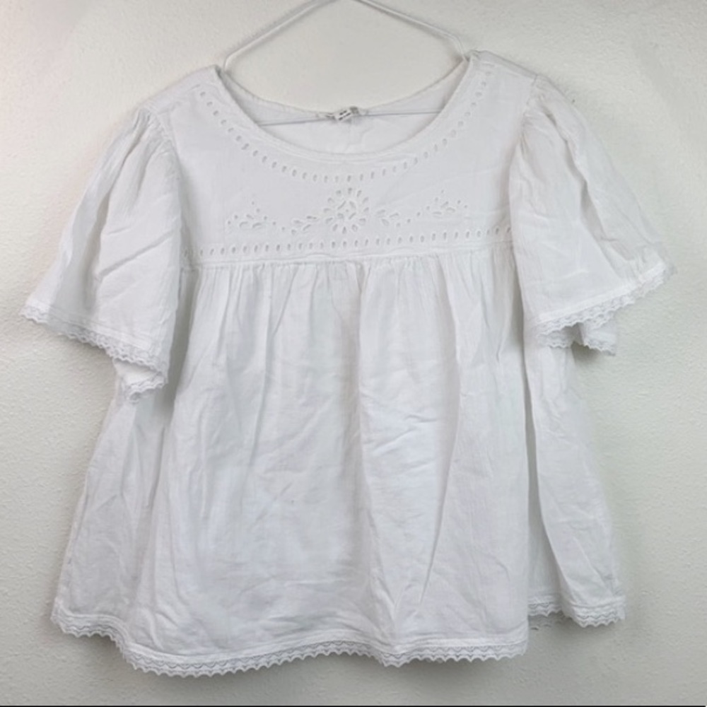 beachlunchlounge cotton gauze eyelet lace baby doll peasant top boho blouse EUC